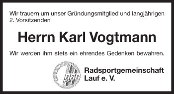 Traueranzeige von Karl Vogtmann von Pegnitz-Zeitung